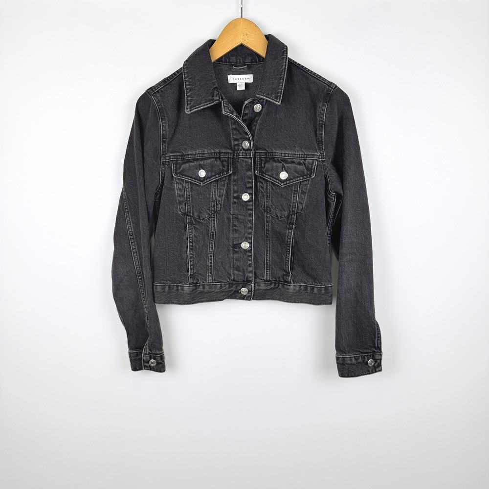 Topshop Denim Jacket Womens US 2 Black Washed Button Up Long Sleeve Trucker